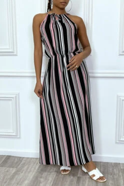 Robe Longue Noir Rayure Rose à Col Montant Et Elastique à La Taille -Féminité Couture robe longue noir rayure rose a col montant et elastique a la taille 3