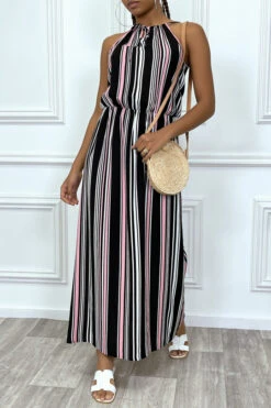 Robe Longue Noir Rayure Rose à Col Montant Et Elastique à La Taille -Féminité Couture robe longue noir rayure rose a col montant et elastique a la taille 5