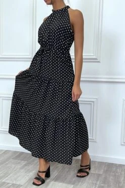 Robe Longue Noir Volante à Petit Pois Blanc Avec Ceinture -Féminité Couture robe longue noir volante a petit pois blanc avec ceinture 3