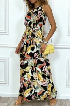 Robe Longue Noire Avec Imprimés Floraux, à Col Rond Sans Manches -Féminité Couture robe longue noire avec imprimes floraux a col rond sans manches 1