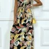Robe Longue Noire Avec Imprimés Floraux, à Col Rond Sans Manches -Féminité Couture robe longue noire avec imprimes floraux a col rond sans manches