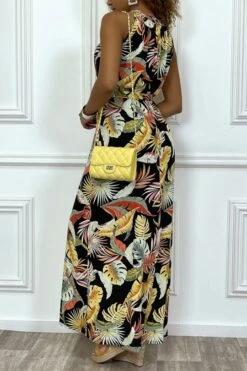 Robe Longue Noire Avec Imprimés Floraux, à Col Rond Sans Manches -Féminité Couture robe longue noire avec imprimes floraux a col rond sans manches 3