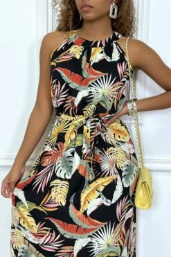 Robe Longue Noire Avec Imprimés Floraux, à Col Rond Sans Manches -Féminité Couture robe longue noire avec imprimes floraux a col rond sans manches 5