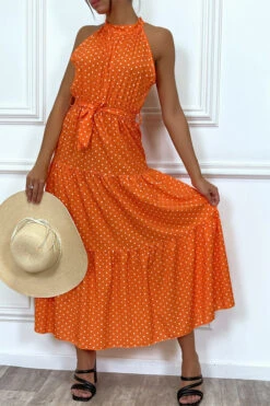 Robe Longue Orange Volante à Petit Pois Blanc Avec Ceinture -Féminité Couture robe longue orange volante a petit pois blanc avec ceinture 4