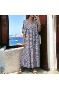 Robe Longue Over Size Bleu Et Doré à Motif Fleuris