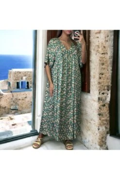Robe Longue Over Size Vert Et Doré à Motif Fleuris