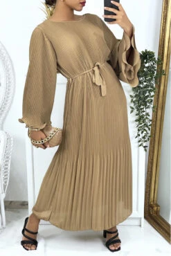 Robe Longue Plissée Camel -Féminité Couture robe longue plissee camel 1
