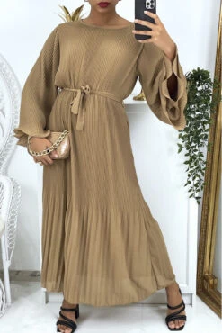 Robe Longue Plissée Camel -Féminité Couture robe longue plissee camel 2
