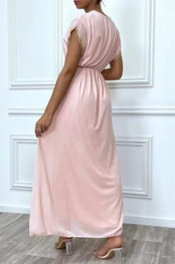 Robe Longue Rose Avec Broderie Et Ceinture Lacet Beige