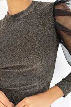 Robe Moulante Et Brillante En Doré Avec Manche Bouffante En Voile