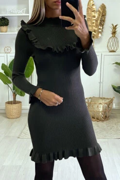 Robe Moulante Kaki Côtelé à Froufrou -Féminité Couture robe moulante kaki cotele a froufrou 2