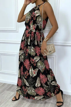 Robe Noir Fluide Col Ras-du-cou / Nageur à Motifs Feuilles Et Ceinture à La Taille -Féminité Couture robe noir fluide col ras du cou nageur a motifs feuilles et ceinture a la taille 2