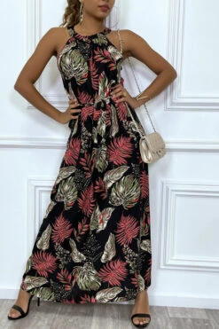 Robe Noir Fluide Col Ras-du-cou / Nageur à Motifs Feuilles Et Ceinture à La Taille -Féminité Couture robe noir fluide col ras du cou nageur a motifs feuilles et ceinture a la taille 3