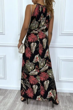 Robe Noir Fluide Col Ras-du-cou / Nageur à Motifs Feuilles Et Ceinture à La Taille -Féminité Couture robe noir fluide col ras du cou nageur a motifs feuilles et ceinture a la taille 5