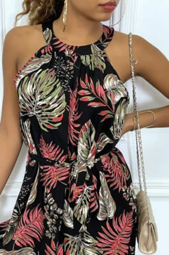 Robe Noir Fluide Col Ras-du-cou / Nageur à Motifs Feuilles Et Ceinture à La Taille -Féminité Couture robe noir fluide col ras du cou nageur a motifs feuilles et ceinture a la taille 6