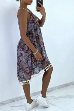 Robe Noire à Motif Avec Bretelle Lacet Et Pompon -Féminité Couture robe noire a motif avec bretelle lacet et pompon 3