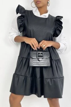 Robe Noire En Simili Avec Volants Très Tendance -Féminité Couture robe noire en simili avec volants tres tendance 4