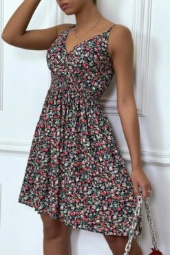 Robe Noire Froncée à La Taille Motif Fleurs -Féminité Couture robe noire froncee a la taille motif fleurs 4