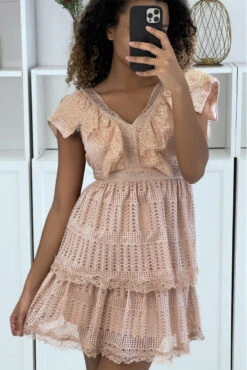Robe Patineuse Rose à Volants En Dentelle