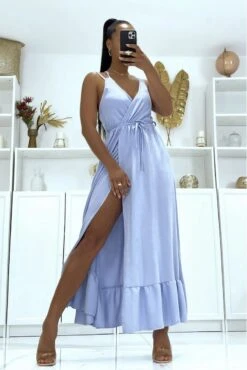 Robe Portefeuille Longue Turquoise à Bretelles Croisées Au Dos -Féminité Couture robe portefeuille longue turquoise a bretelles croisees au dos 2