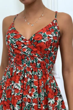 Robe Rouge Froncée à La Taille Motif Fleurs -Féminité Couture robe rouge froncee a la taille motif fleurs 2