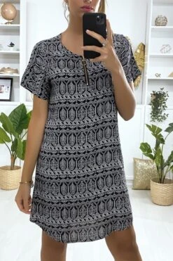 Robe Tunique à à Motif Noir Et Blanc Avec Zip Au Col