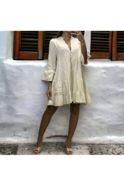 Robe Tunique Beige à Volant En Gaz De Coton -Féminité Couture robe tunique beige a volant en gaz de coton 2