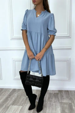 Robe Tunique Bleue à Volant à Manches Courtes -Féminité Couture robe tunique bleue a volant a manches courtes 2