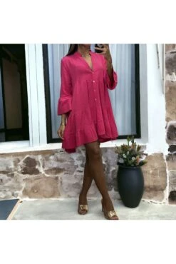 Robe Tunique Fuchsia à Volant En Gaz De Coton -Féminité Couture robe tunique fuchsia a volant en gaz de coton 2