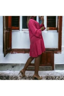 Robe Tunique Fuchsia à Volant En Gaz De Coton
