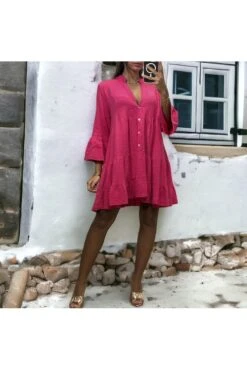 Robe Tunique Fuchsia à Volant En Gaz De Coton -Féminité Couture robe tunique fuchsia a volant en gaz de coton 3