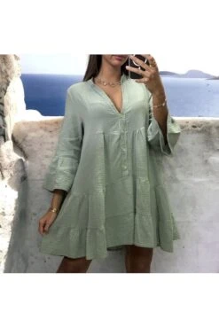 Robe Tunique Kaki à Volant En Gaz De Coton -Féminité Couture robe tunique kaki a volant en gaz de coton 2