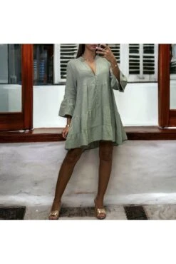 Robe Tunique Kaki à Volant En Gaz De Coton -Féminité Couture robe tunique kaki a volant en gaz de coton 3