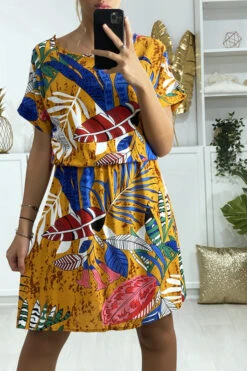 Robe Tunique Moutarde Motif Feuille Avec élastique à La Taille