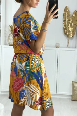 Robe Tunique Moutarde Motif Feuille Avec élastique à La Taille -Féminité Couture robe tunique moutarde motif feuille avec elastique a la taille 4