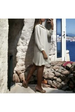 Robe Tunique Plissé Boutonné Beige -Féminité Couture robe tunique plisse boutonne beige 2