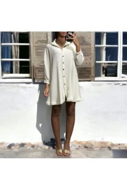 Robe Tunique Plissé Boutonné Beige