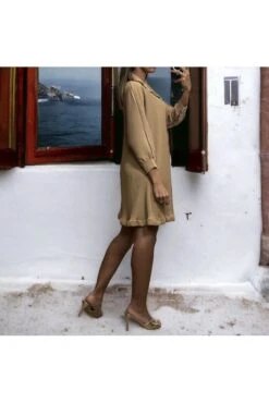 Robe Tunique Plissé Boutonné Camel -Féminité Couture robe tunique plisse boutonne camel 2