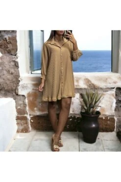 Robe Tunique Plissé Boutonné Camel