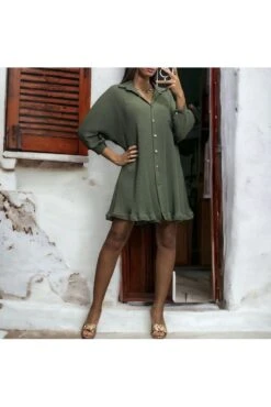 Robe Tunique Plissé Boutonné Kaki -Féminité Couture robe tunique plisse boutonne kaki 2