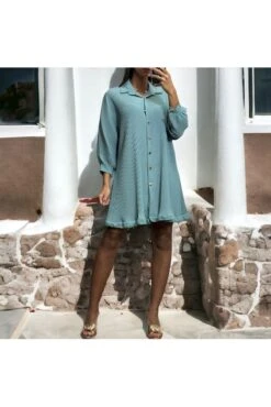 Robe Tunique Plissé Boutonné Turquoise