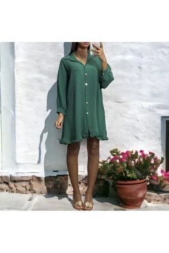 Robe Tunique Plissé Boutonné Vert -Féminité Couture robe tunique plisse boutonne vert 2