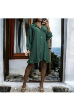 Robe Tunique Plissé Boutonné Vert