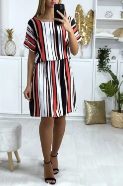 Robe Tunique Rayé Motif Rose Rouge Blanc Et Noir Avec élastique à La Taille -Féminité Couture robe tunique raye motif rose rouge blanc et noir avec elastique a la taille 1