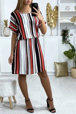 Robe Tunique Rayé Motif Rose Rouge Blanc Et Noir Avec élastique à La Taille