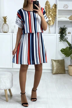 Robe Tunique Rayé Motif Rouge Marine Et Blanc Avec élastique à La Taille