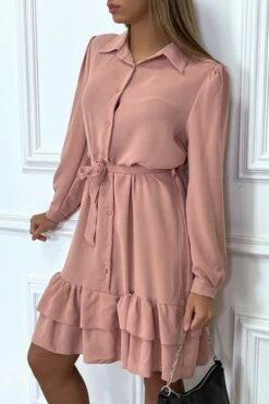 Robe Tunique Rose Manches Longues Boutonné Avec Volant -Féminité Couture robe tunique rose manches longues boutonne avec volant 1
