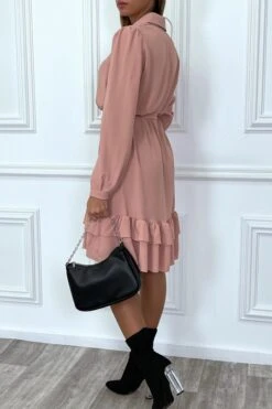 Robe Tunique Rose Manches Longues Boutonné Avec Volant -Féminité Couture robe tunique rose manches longues boutonne avec volant 4