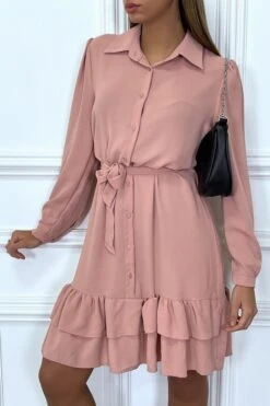 Robe Tunique Rose Manches Longues Boutonné Avec Volant -Féminité Couture robe tunique rose manches longues boutonne avec volant 5