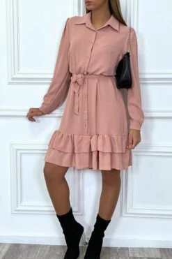 Robe Tunique Rose Manches Longues Boutonné Avec Volant -Féminité Couture robe tunique rose manches longues boutonne avec volant 6